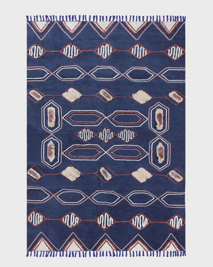 Hand Block Print Work Blue Beige Geometric Outhouse Decor Cotton Rug