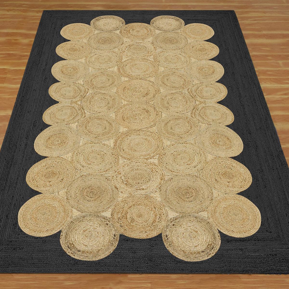 Beige Black Hand Braided Geometric Out House Jute Dhurries - Indian Rug Store