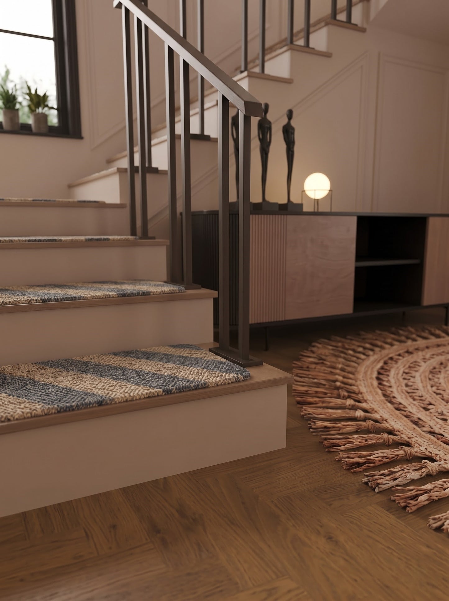 Grey Chevron Braided Jute Stair Treads, Natural Fiber Boho Farmhouse Carpet