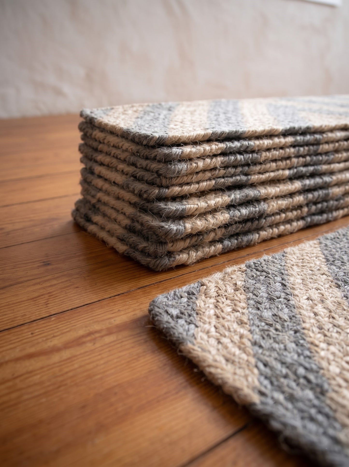 Grey Chevron Braided Jute Stair Treads, Natural Fiber Boho Farmhouse Carpet