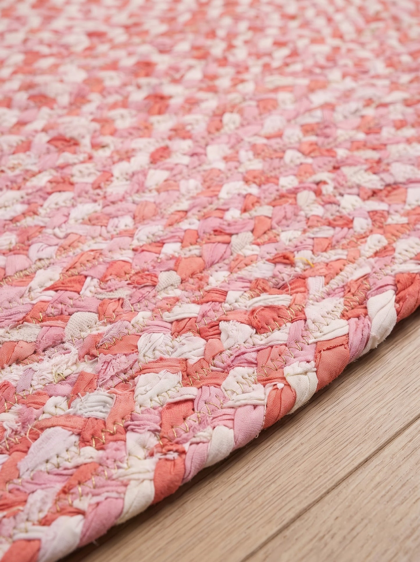 Hand Braided Chindi Stair Treads, Pink & White Cotton Boho Jute Rug