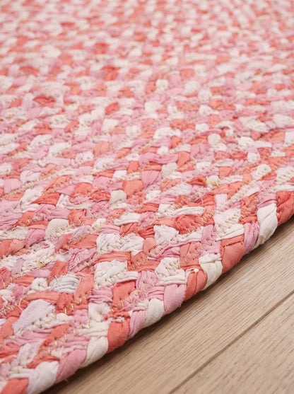 Hand Braided Chindi Stair Treads, Pink & White Cotton Boho Jute Rug