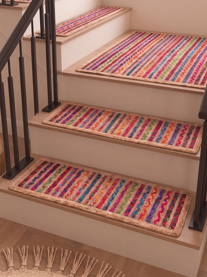 Colorful Braided Jute Stair Treads with Recycled Cotton, Boho Step Mats (Set of 4–15)