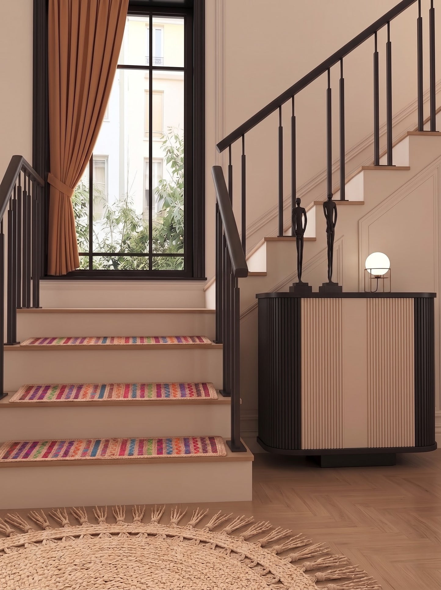 Colorful Braided Jute Stair Treads with Recycled Cotton, Boho Step Mats (Set of 4–15)