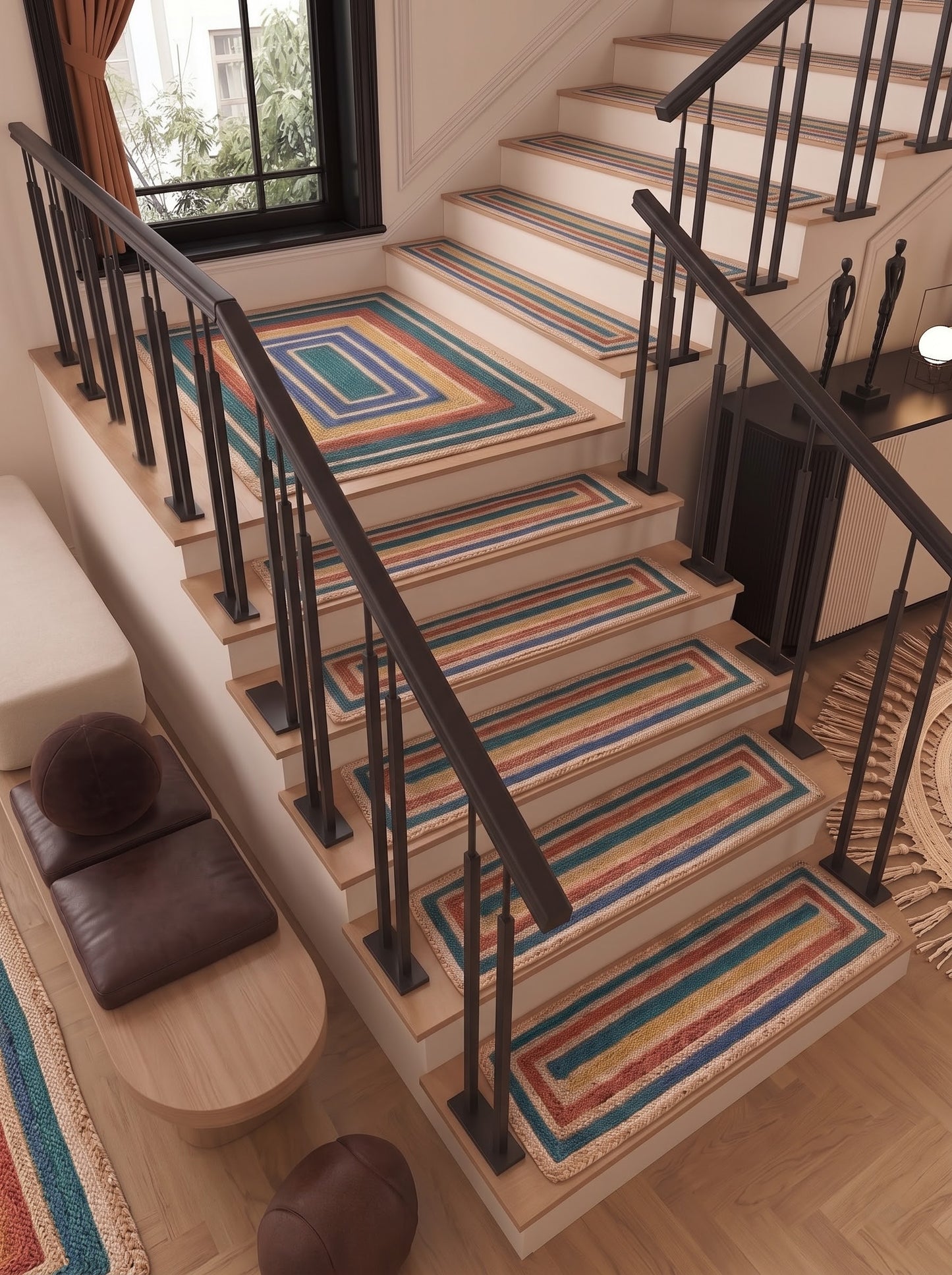 Handwoven Jute Stair Treads, Teal Terracotta Boho Rectangle Step Mats