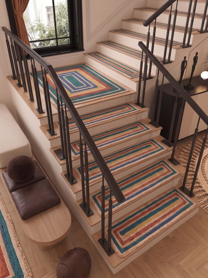 Handwoven Jute Stair Treads, Teal Terracotta Boho Rectangle Step Mats