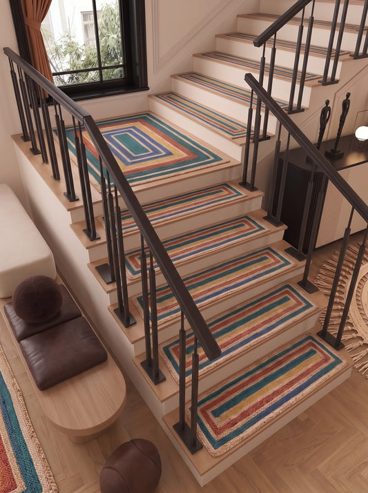 Handwoven Jute Stair Treads, Teal Terracotta Boho Rectangle Step Mats