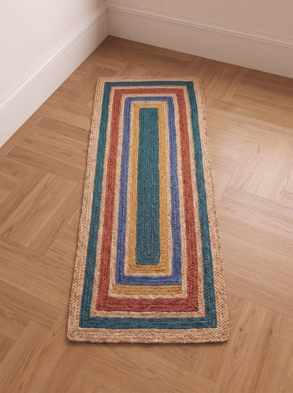 Handwoven Jute Stair Treads, Teal Terracotta Boho Rectangle Step Mats