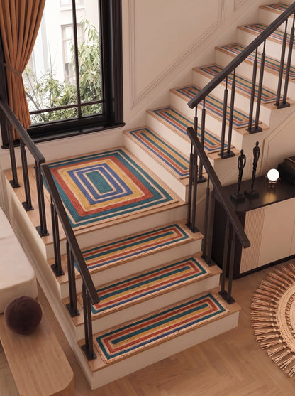 Handwoven Jute Stair Treads, Teal Terracotta Boho Rectangle Step Mats