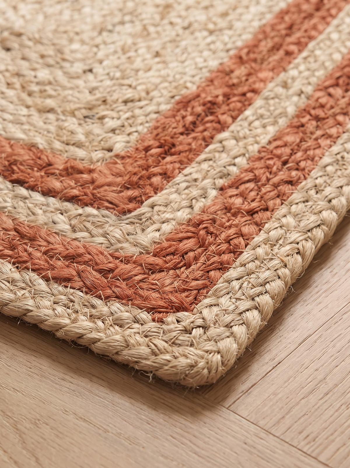 Braided Jute & Cotton Floor Rug, Terracotta Border, Boho Rustic Farmhouse Entryway Mat