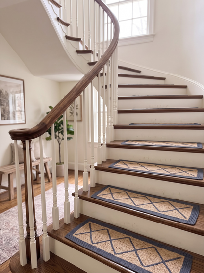 Braided Natural Jute Stair Treads, Diamond Lattice Farmhouse Stair Mats