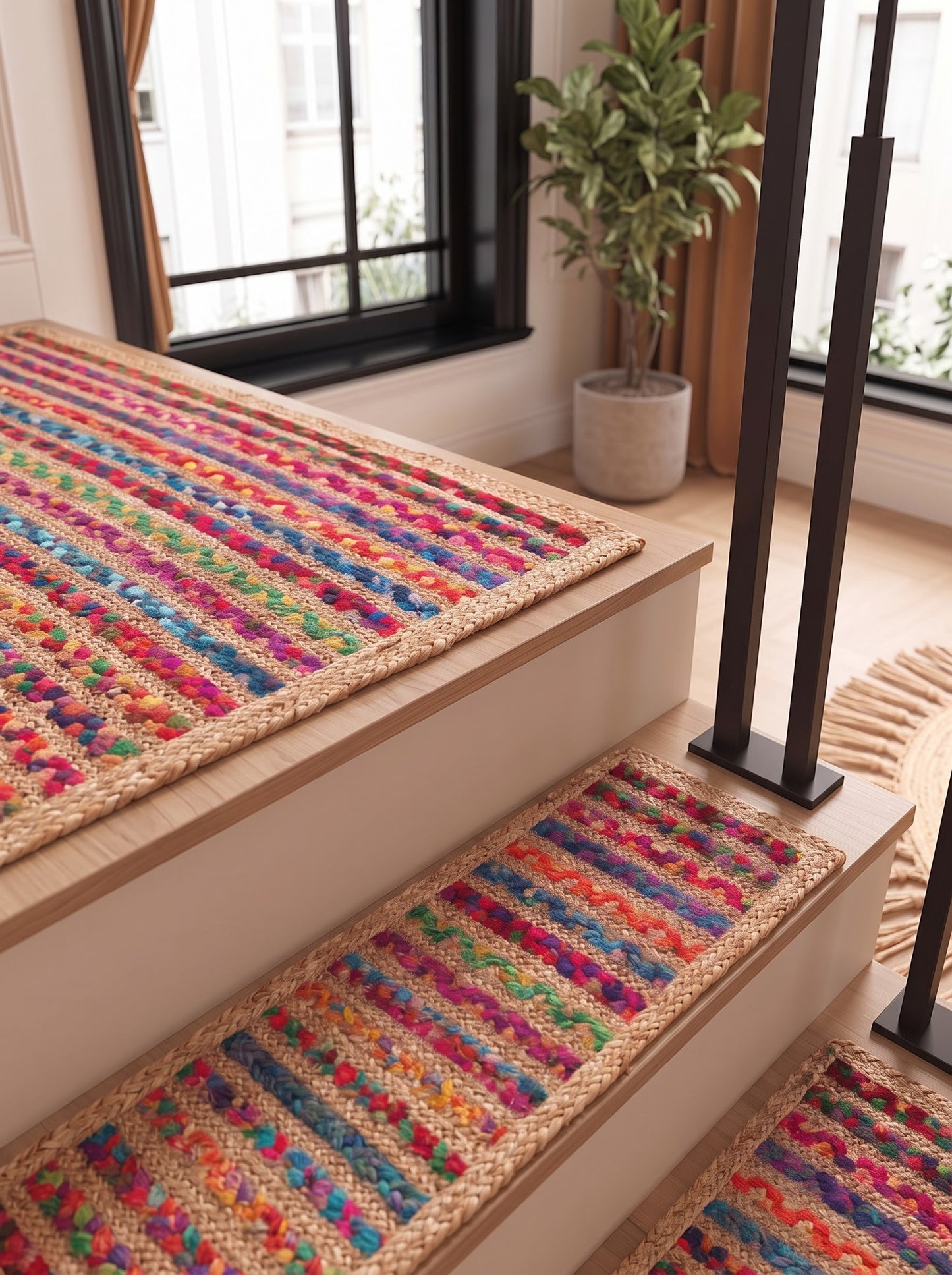 Colorful Braided Jute Stair Treads with Recycled Cotton, Boho Step Mats (Set of 4–15)