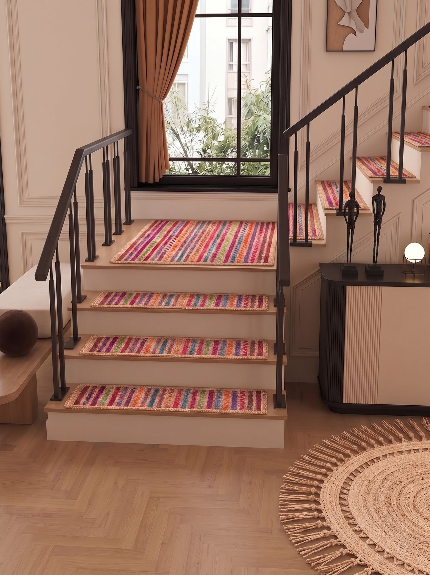Colorful Braided Jute Stair Treads with Recycled Cotton, Boho Step Mats (Set of 4–15)