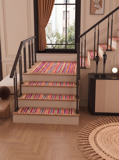 Colorful Braided Jute Stair Treads with Recycled Cotton, Boho Step Mats (Set of 4–15)