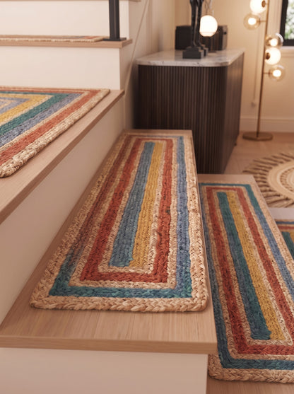 Handwoven Jute Stair Treads, Teal Terracotta Boho Rectangle Step Mats