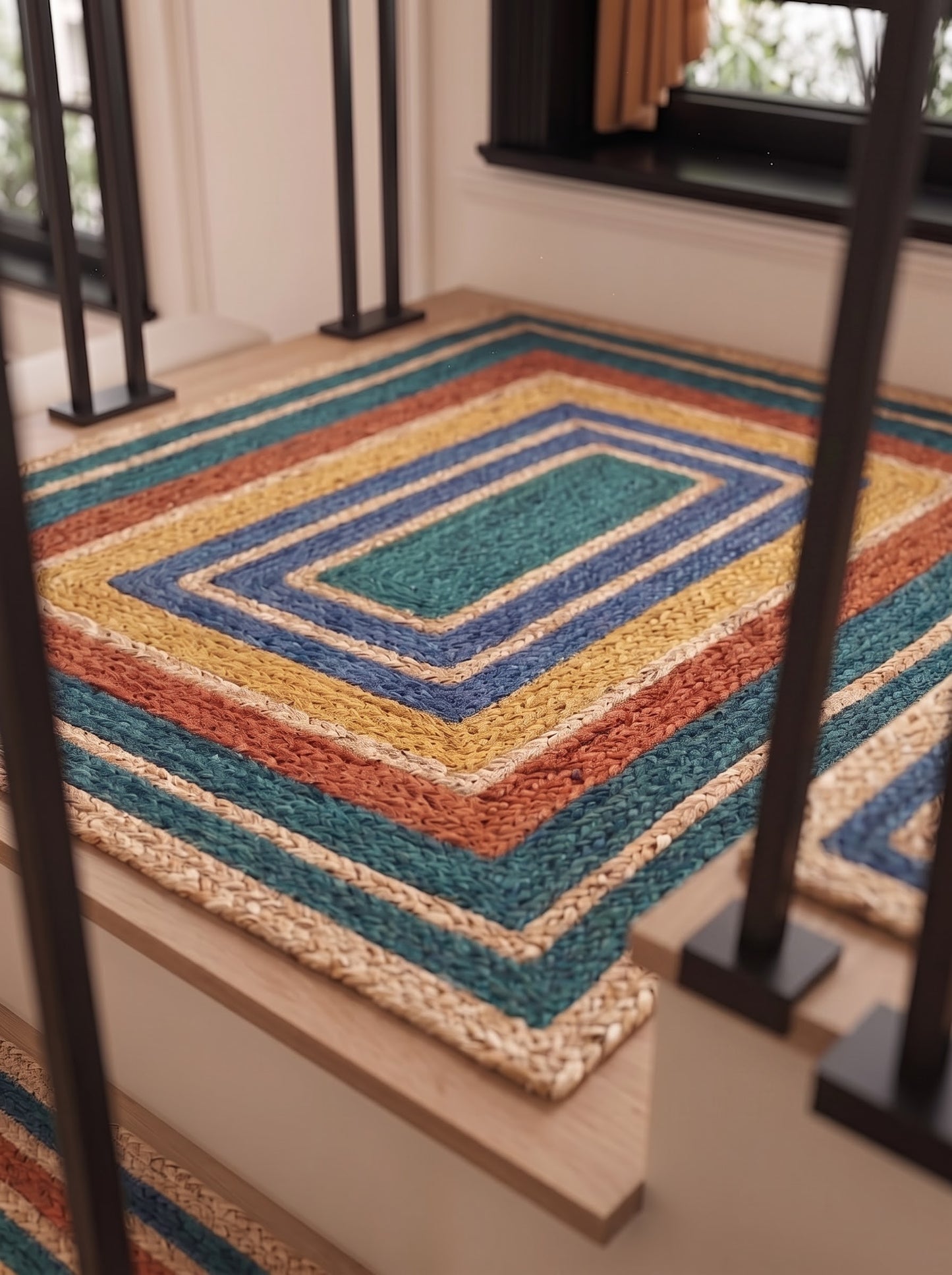 Handwoven Jute Stair Treads, Teal Terracotta Boho Rectangle Step Mats