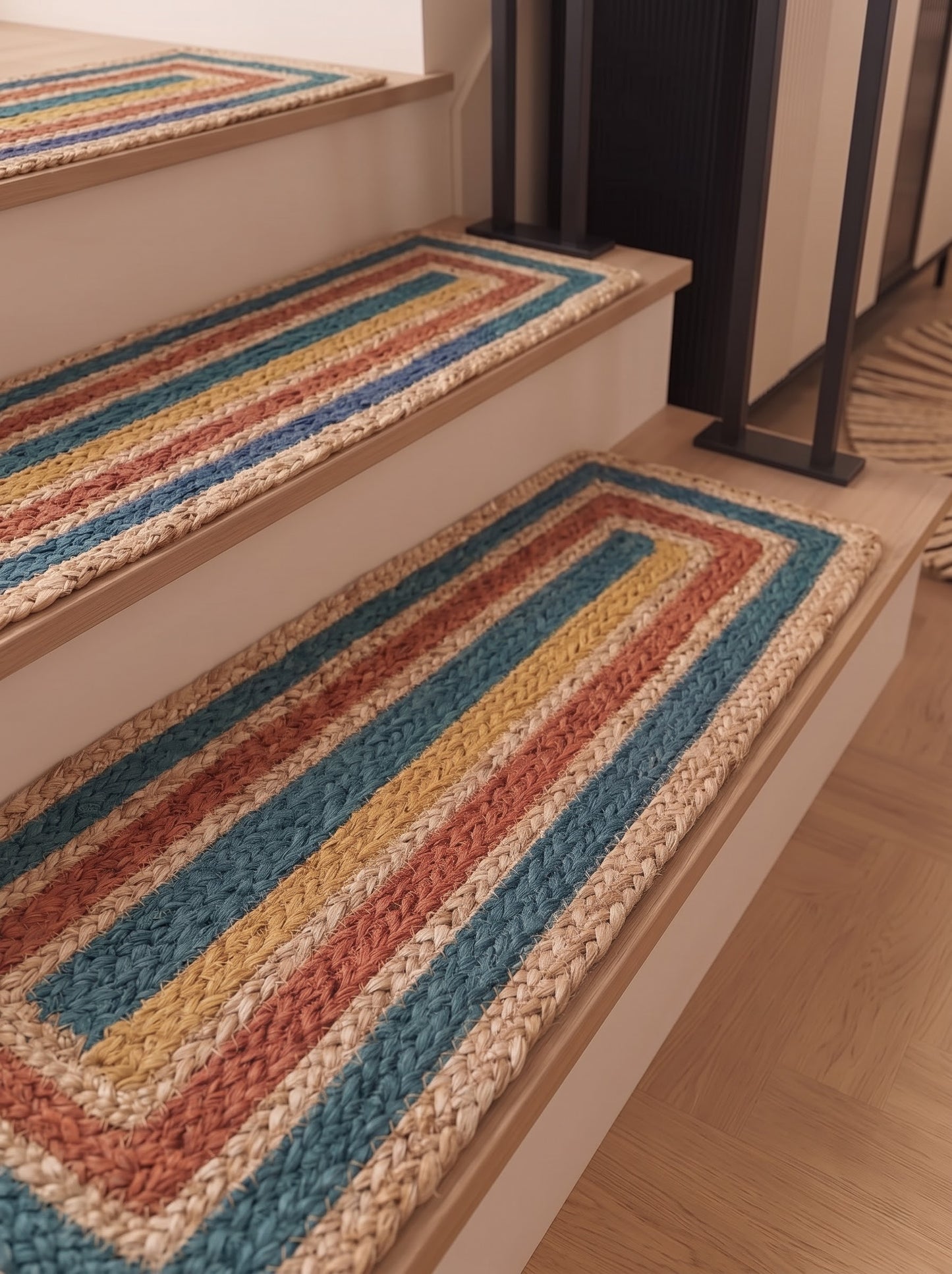 Handwoven Jute Stair Treads, Teal Terracotta Boho Rectangle Step Mats