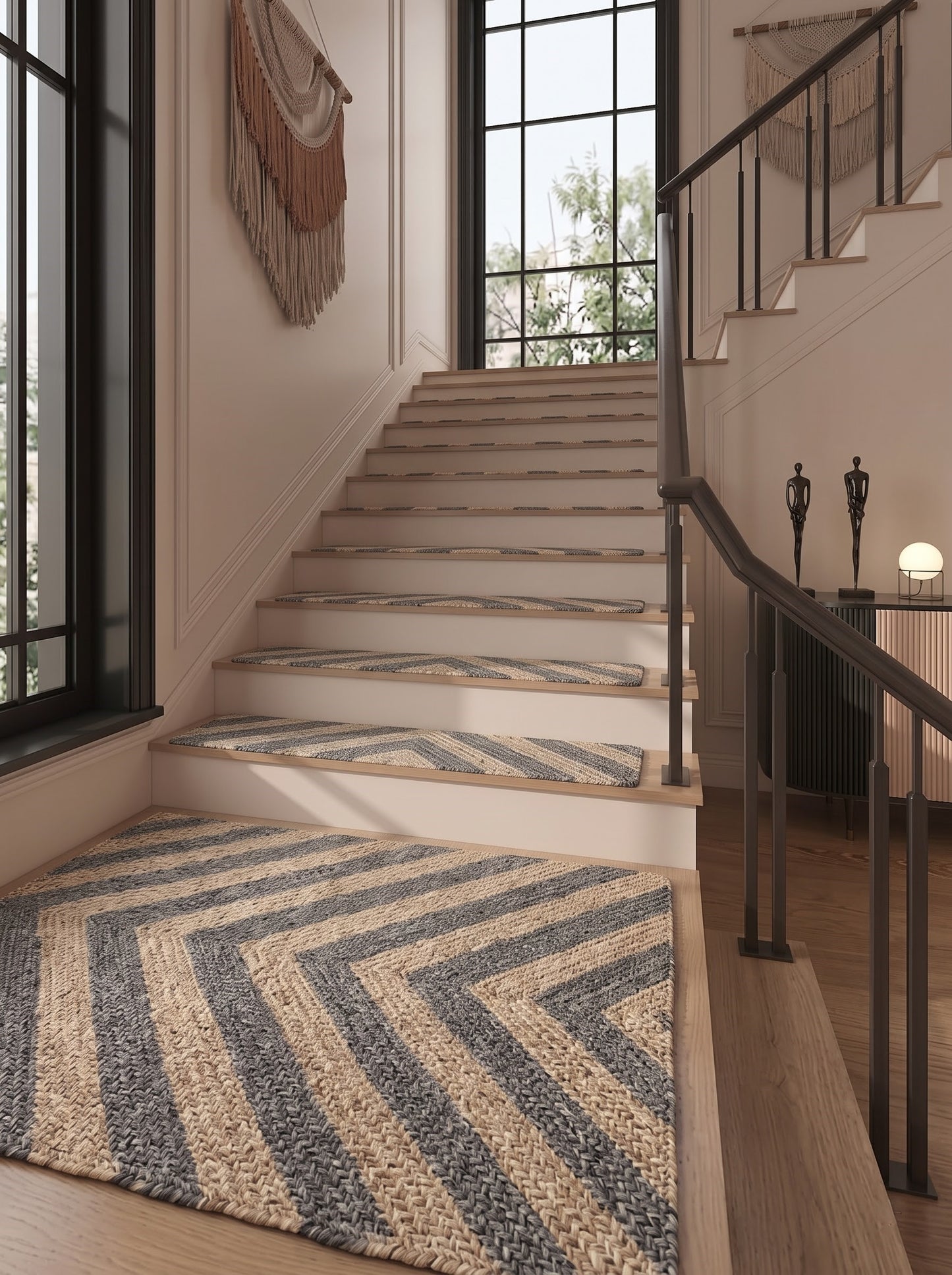 Grey Chevron Braided Jute Stair Treads, Natural Fiber Boho Farmhouse Carpet