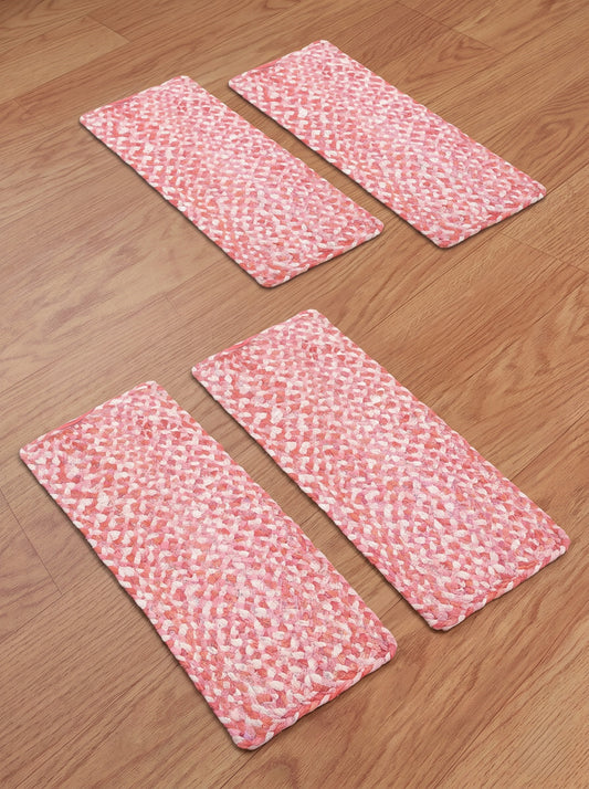 Hand Braided Chindi Stair Treads, Pink & White Cotton Boho Jute Rug