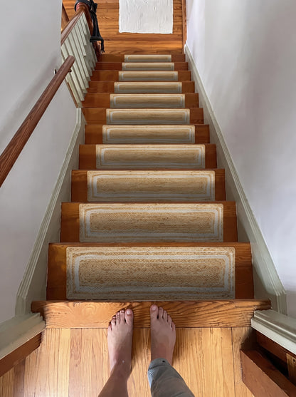 Handwoven Jute Stair Treads, Beige & White Braided Stair Rug