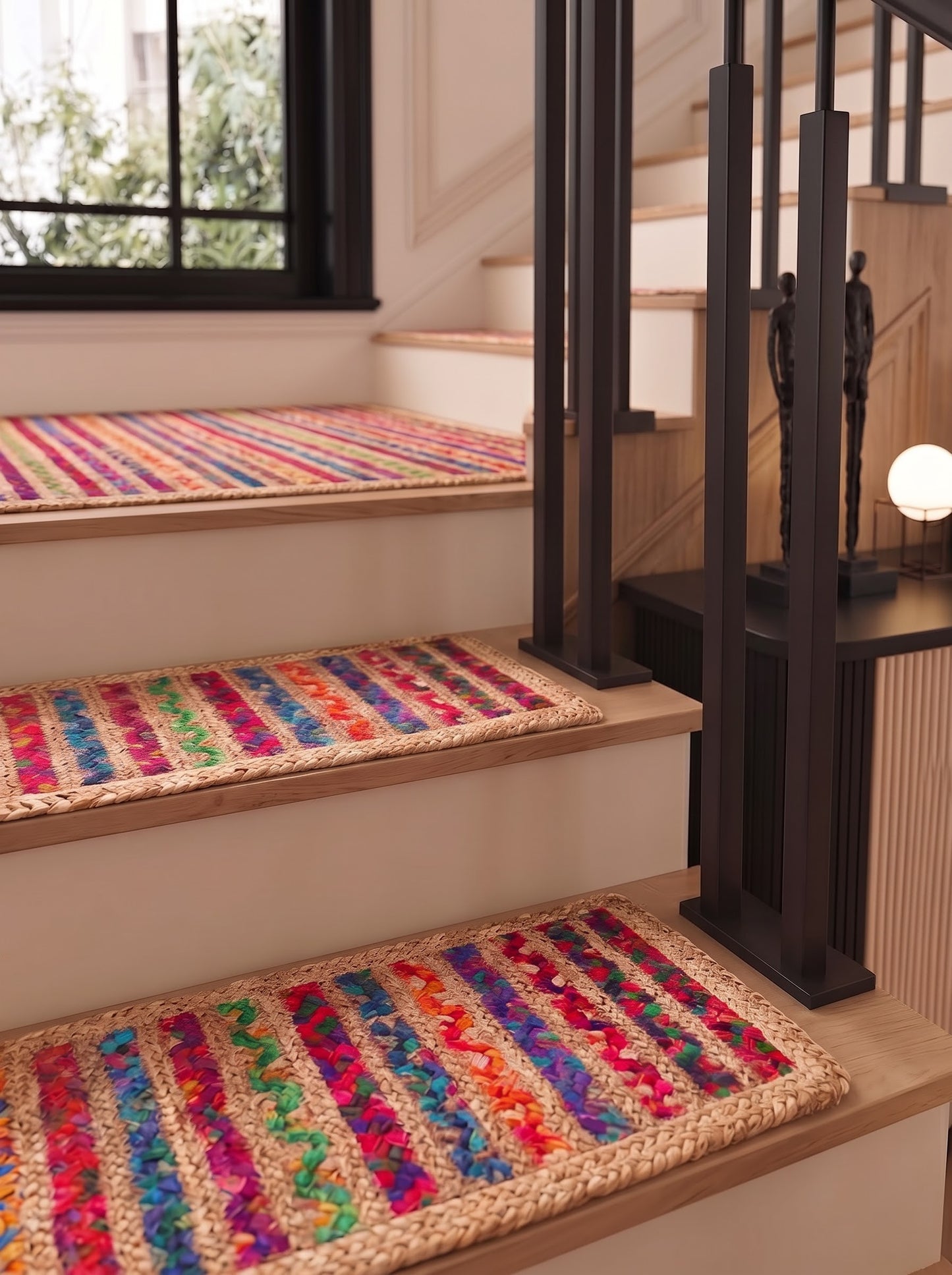 Colorful Braided Jute Stair Treads with Recycled Cotton, Boho Step Mats (Set of 4–15)