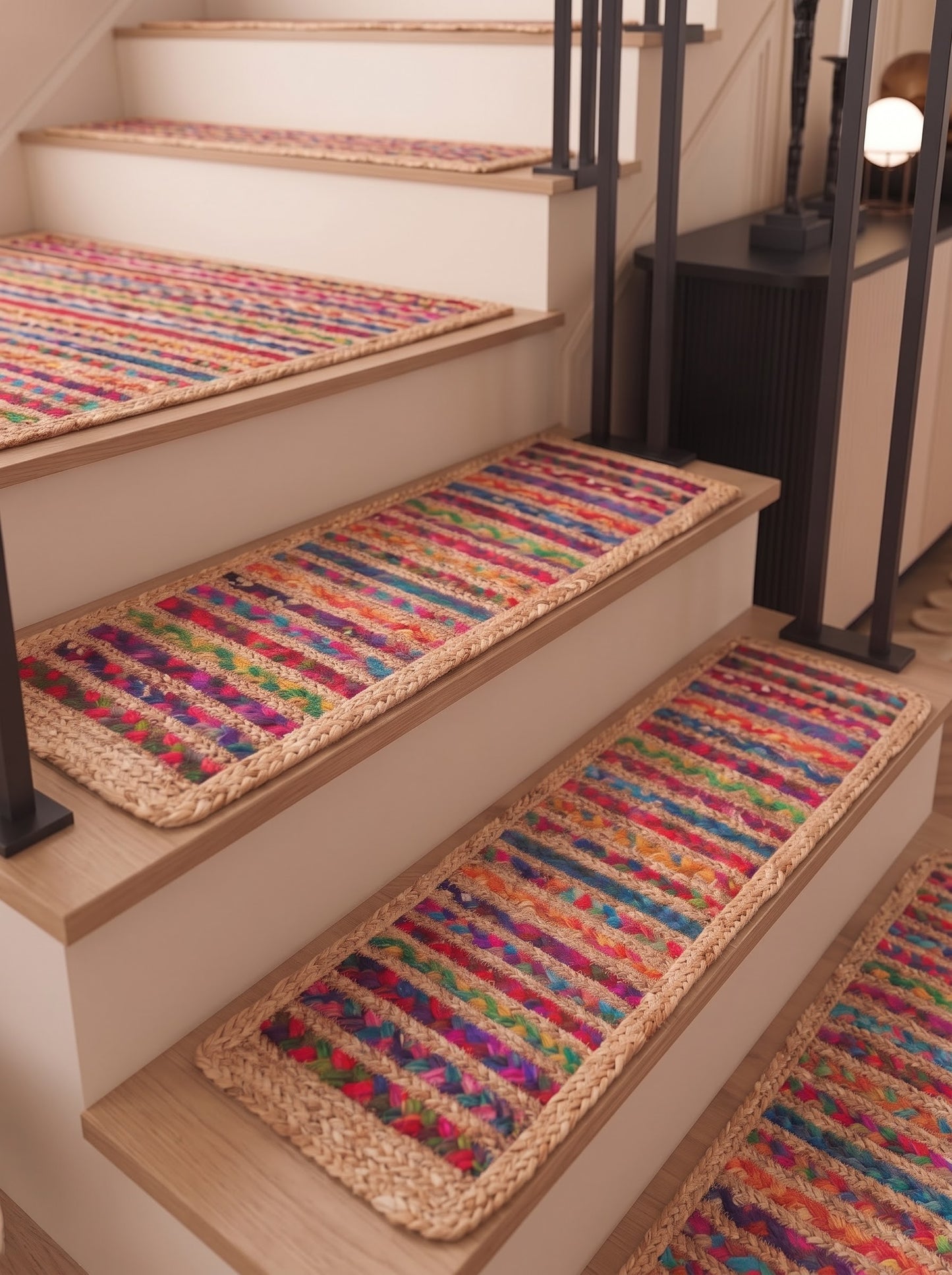Colorful Braided Jute Stair Treads with Recycled Cotton, Boho Step Mats (Set of 4–15)