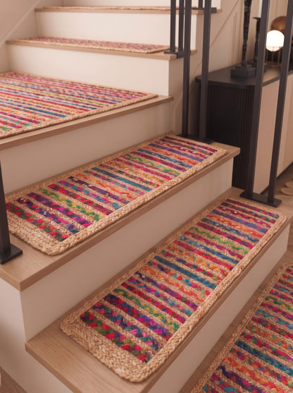 Colorful Braided Jute Stair Treads with Recycled Cotton, Boho Step Mats (Set of 4–15)
