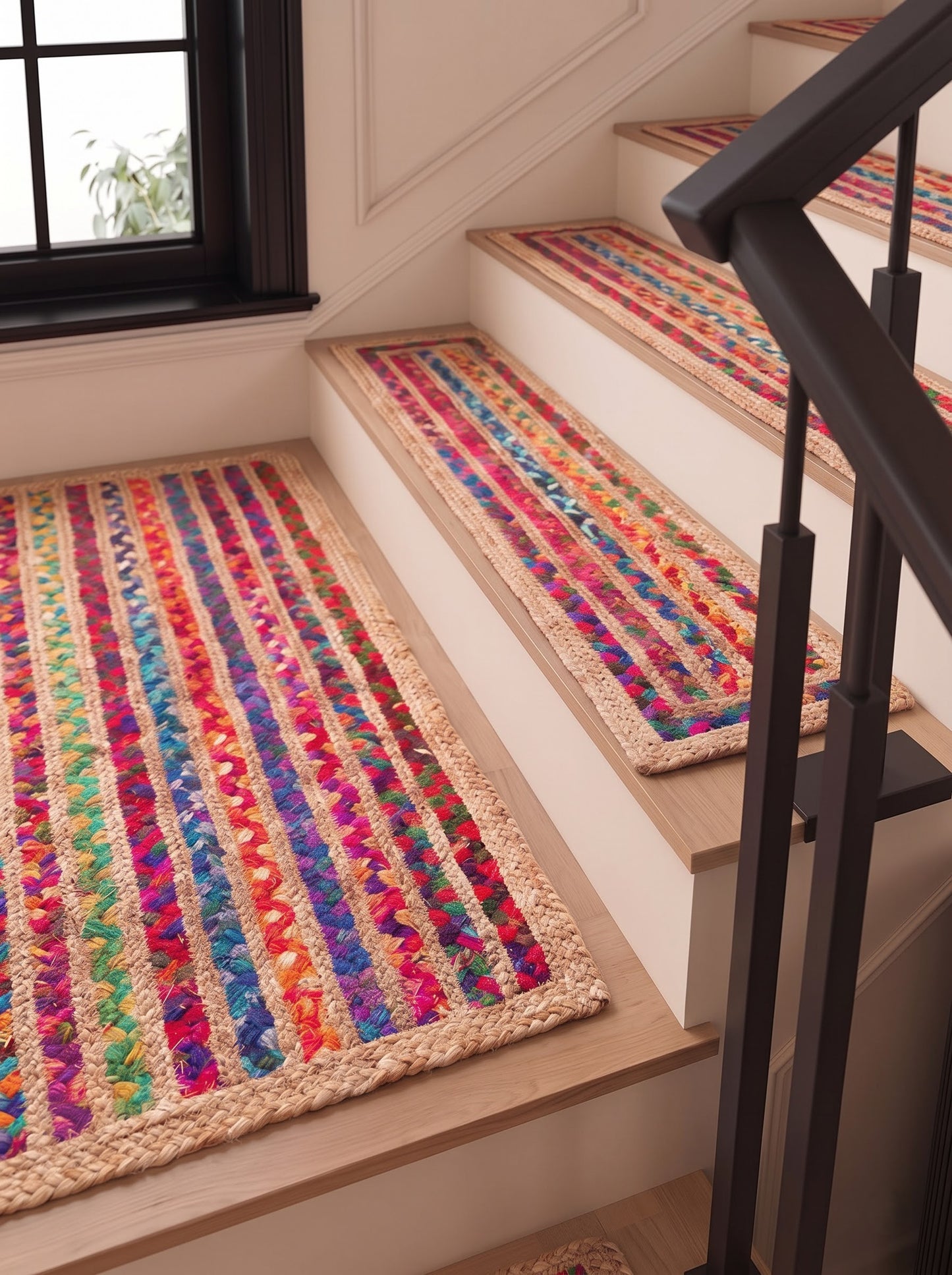 Colorful Braided Jute Stair Treads with Recycled Cotton, Boho Step Mats (Set of 4–15)