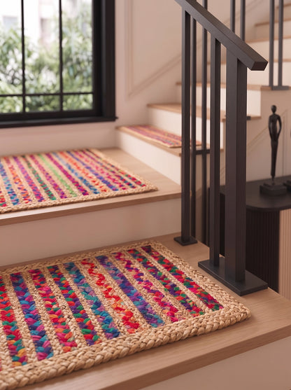 Colorful Braided Jute Stair Treads with Recycled Cotton, Boho Step Mats (Set of 4–15)