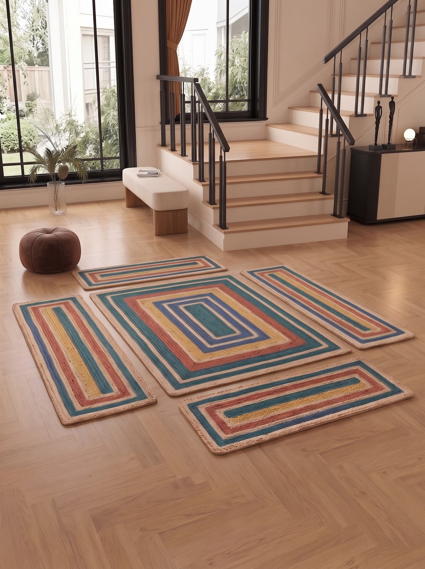 Handwoven Jute Stair Treads, Teal Terracotta Boho Rectangle Step Mats