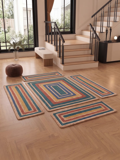 Handwoven Jute Stair Treads, Teal Terracotta Boho Rectangle Step Mats