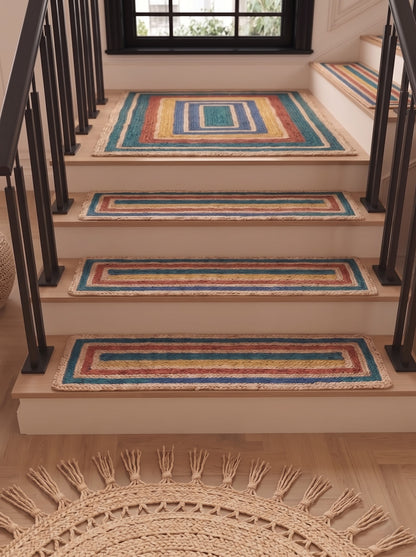 Handwoven Jute Stair Treads, Teal Terracotta Boho Rectangle Step Mats