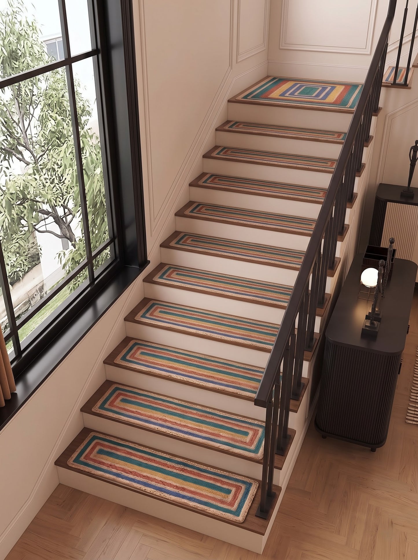 Handwoven Jute Stair Treads, Teal Terracotta Boho Rectangle Step Mats