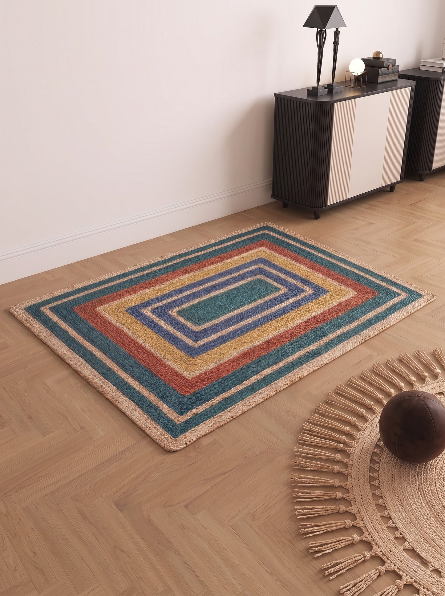 Handwoven Jute Stair Treads, Teal Terracotta Boho Rectangle Step Mats