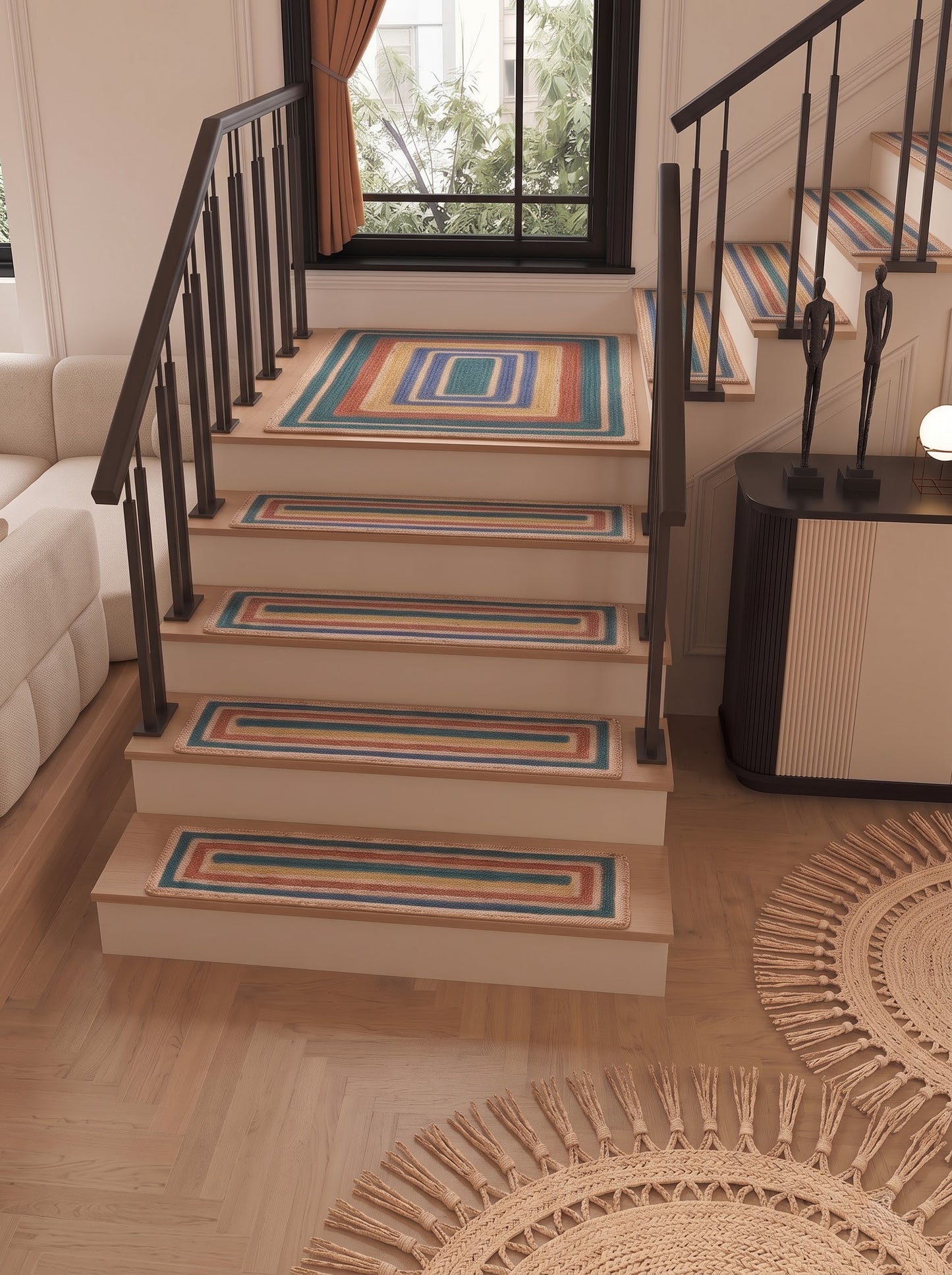 Handwoven Jute Stair Treads, Teal Terracotta Boho Rectangle Step Mats