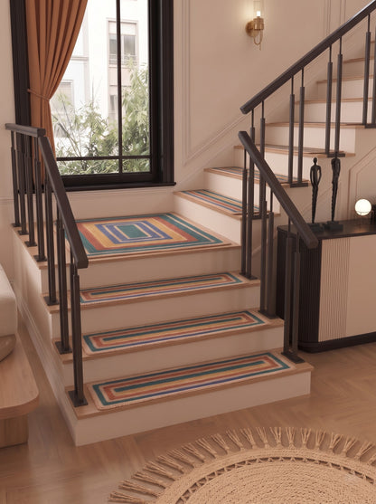 Handwoven Jute Stair Treads, Teal Terracotta Boho Rectangle Step Mats