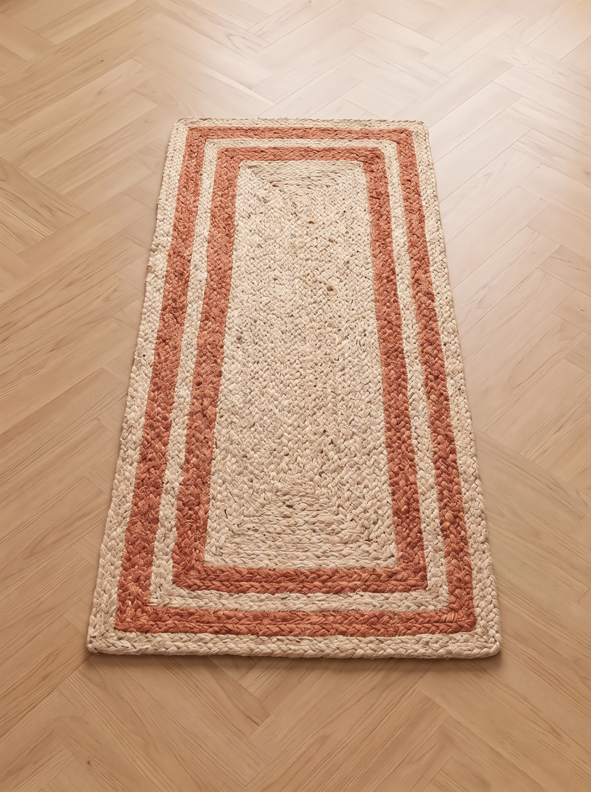 Braided Jute & Cotton Floor Rug, Terracotta Border, Boho Rustic Farmhouse Entryway Mat