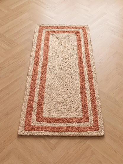 Braided Jute & Cotton Floor Rug, Terracotta Border, Boho Rustic Farmhouse Entryway Mat