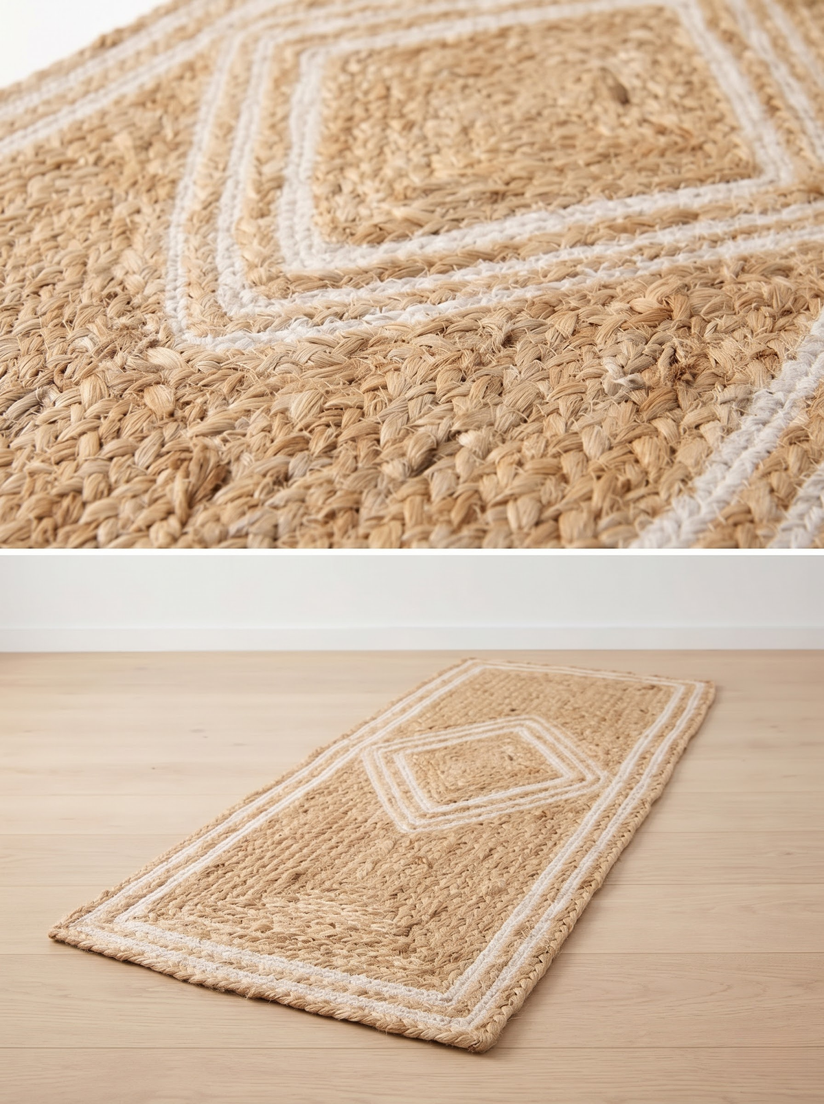 Beige & White Diamond Braided Jute Stair Treads, Farmhouse Boho Runner Step Mats