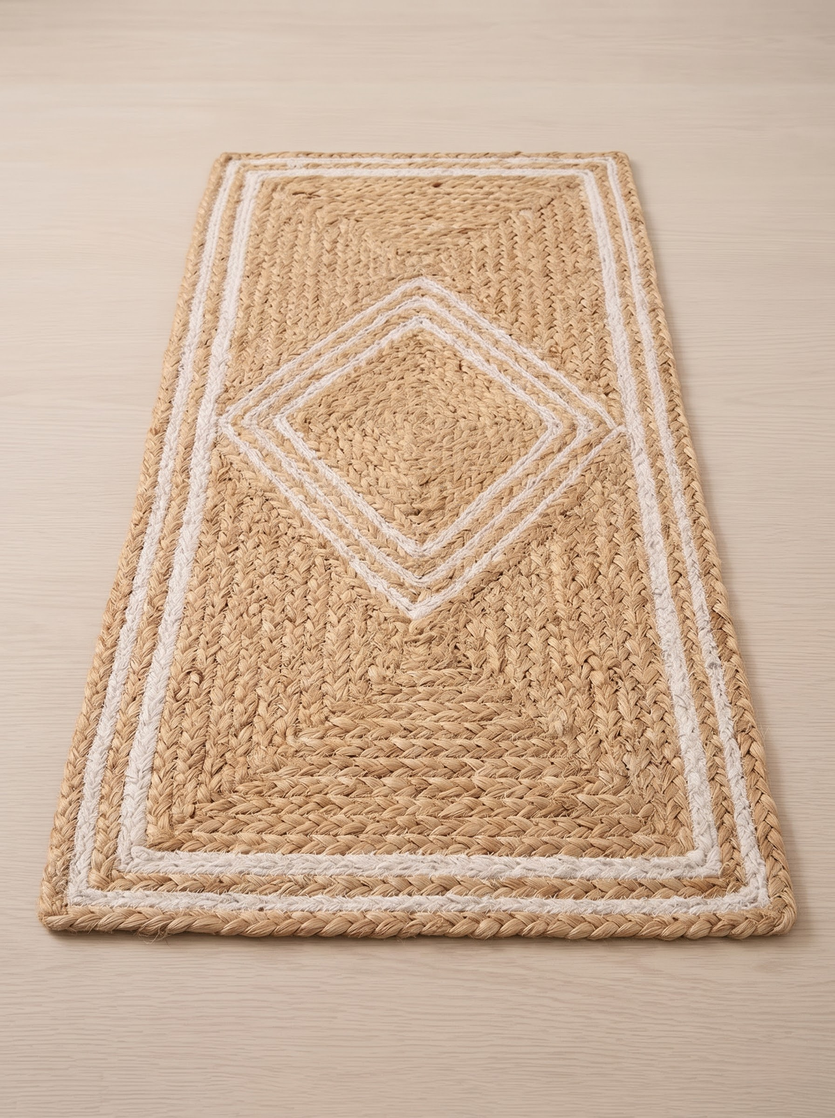 Beige & White Diamond Braided Jute Stair Treads, Farmhouse Boho Runner Step Mats