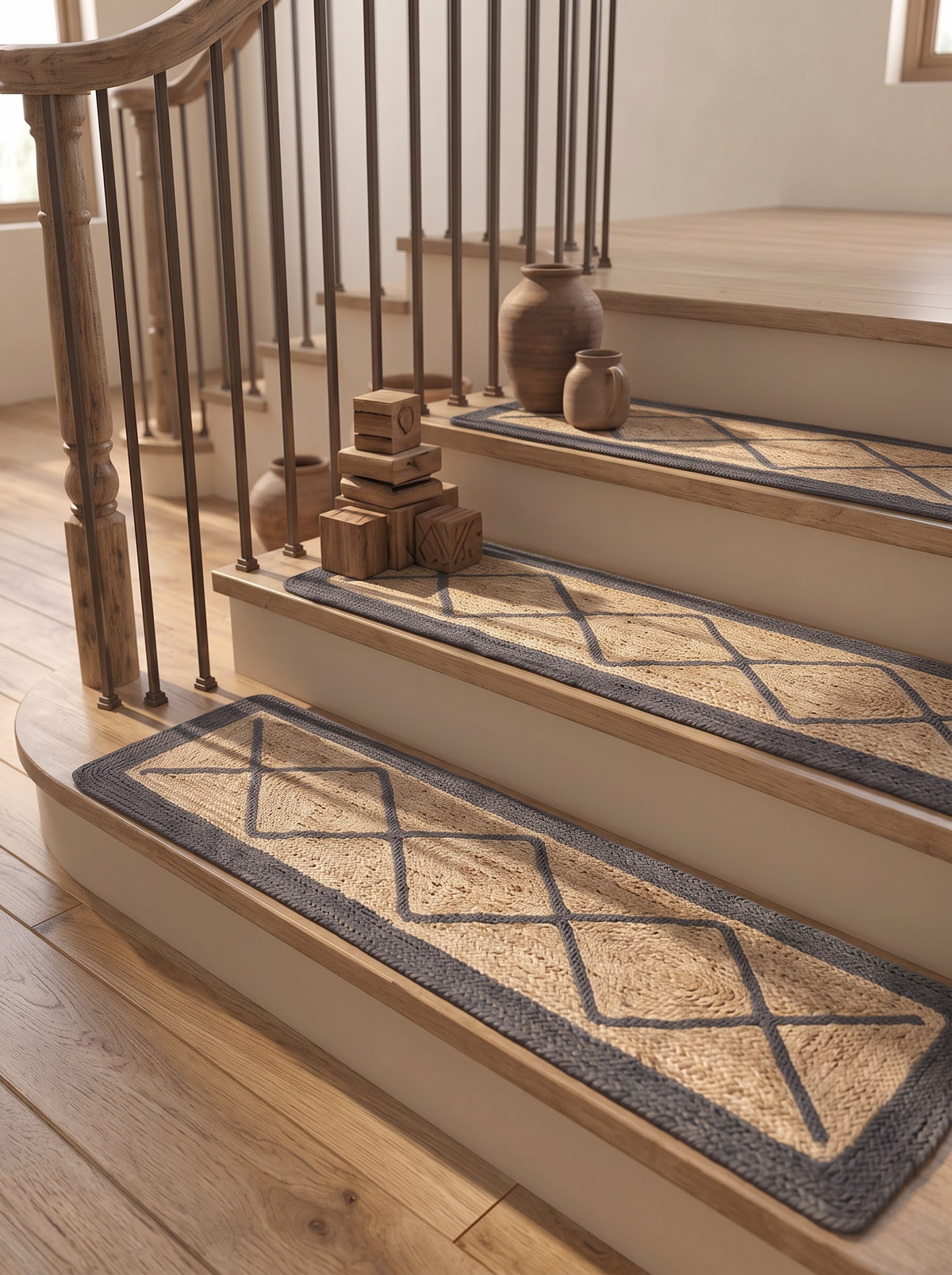 Braided Natural Jute Stair Treads, Diamond Lattice Farmhouse Stair Mats