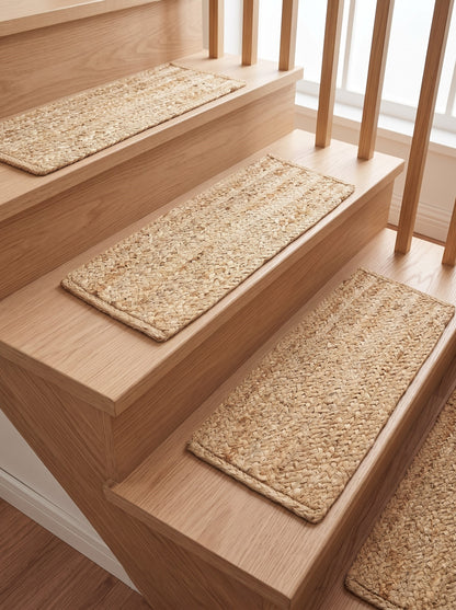 Braided Jute Stair Treads Rug, Handmade, Beige & White colors