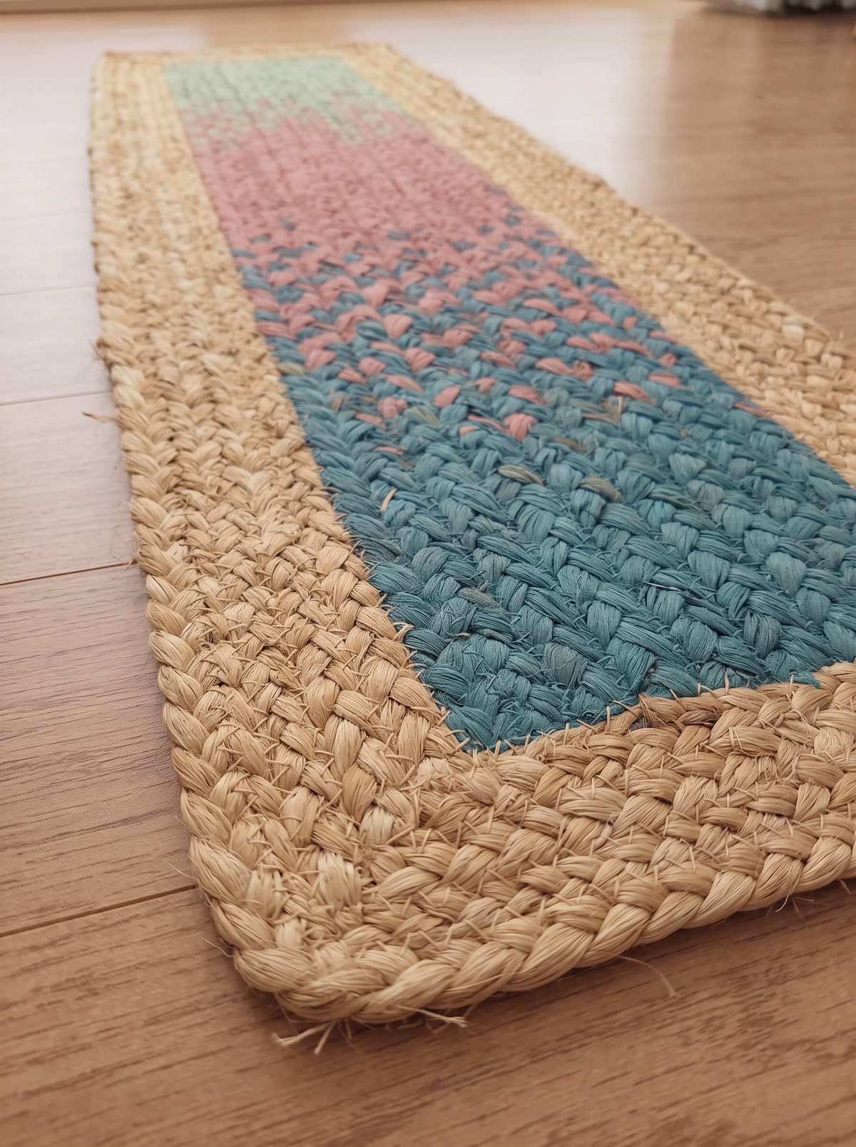 Handmade Braided Stair Treads, Sea Glass Rose Peacock Gradient Watercolor Fade Mats (Jute Border)