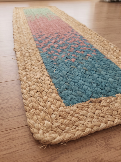 Handmade Braided Stair Treads, Sea Glass Rose Peacock Gradient Watercolor Fade Mats (Jute Border)