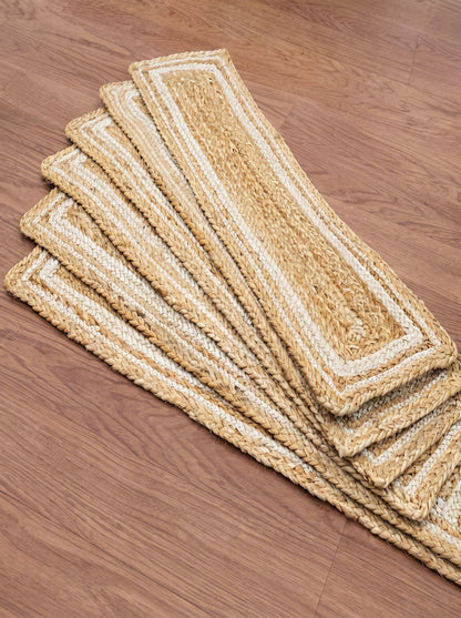 Handwoven Jute Stair Treads, Beige & White Braided Stair Rug