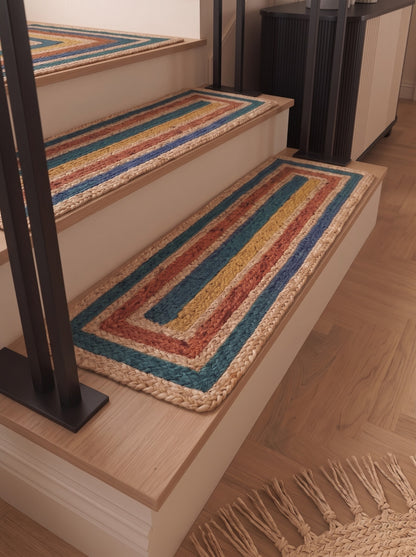 Handwoven Jute Stair Treads, Teal Terracotta Boho Rectangle Step Mats