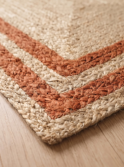 Braided Jute & Cotton Floor Rug, Terracotta Border, Boho Rustic Farmhouse Entryway Mat