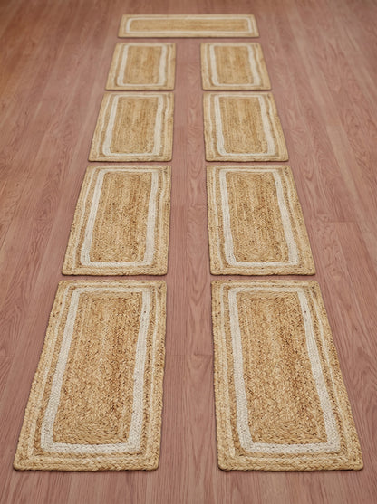 Handwoven Jute Stair Treads, Beige & White Braided Stair Rug