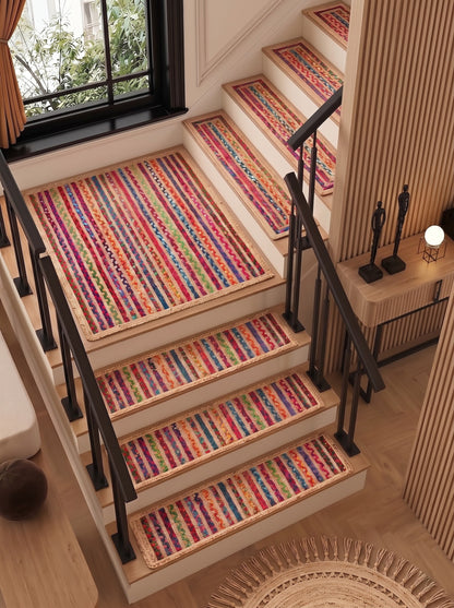 Colorful Braided Jute Stair Treads with Recycled Cotton, Boho Step Mats (Set of 4–15)
