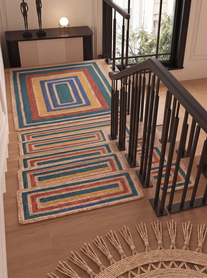 Handwoven Jute Stair Treads, Teal Terracotta Boho Rectangle Step Mats